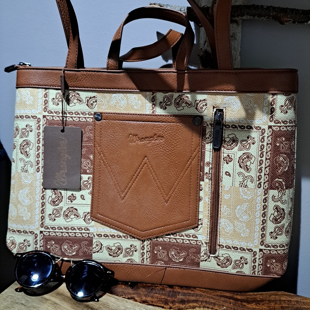 Fall Wrangler Brown and Cream Tote Bag Laptop Overnight Boss Bag Satchel NWT